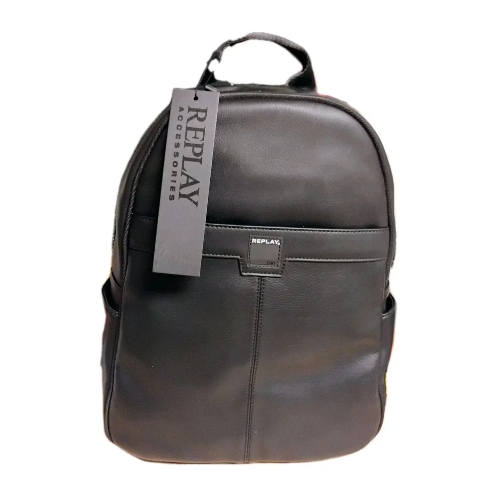 Replay Black Faux Leather Backpack Unisex Modern Minimalist Bag NWT FM3302 Black